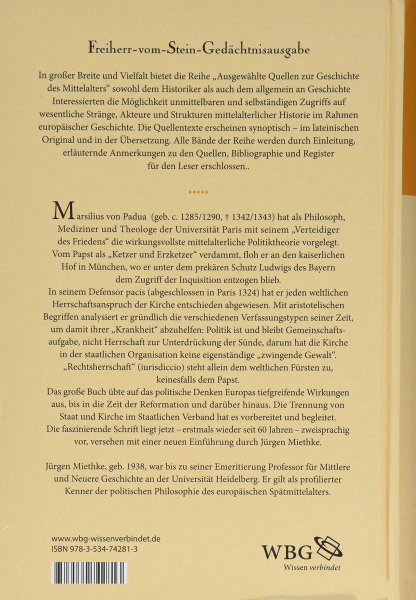 Defensor Pacis (50) (Freiherr-vom-Stein-Gedächtnisausgabe, Reihe A: Ausgewählte Quellen zur Geschichte des Mittelalters)